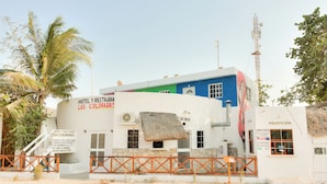 A hotel with a white facade, a blue upper section, and a thatched roof. - Posada Las Coloradas (Rio Lagartos)