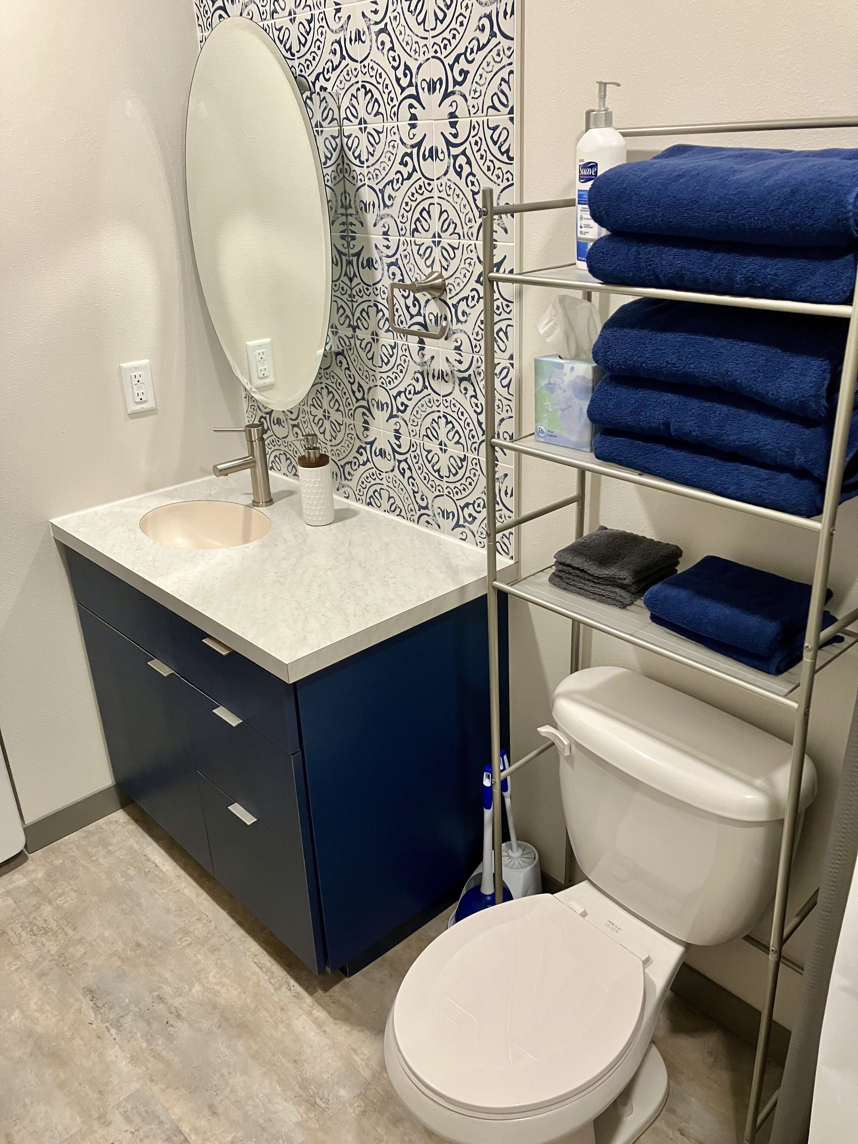 Hair dryer, towels, soap, shampoo