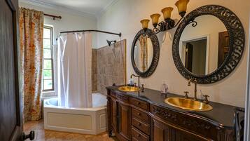 Hair dryer, towels, soap, toilet paper