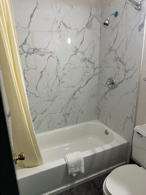 Une salle de bain avec une baignoire, une douche et des toilettes.