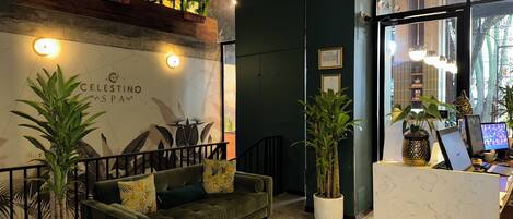 A reception area with a green sofa, potted plants, a wooden reception desk, and a wall with a 'Celestino Spa' sign.