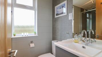 A bathroom with a toilet, sink, and window.