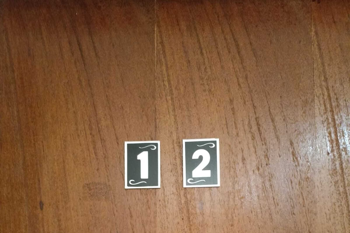 Two numbered signs, 1 and 2, on a wooden surface.
