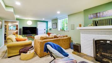 TV, fireplace, books
