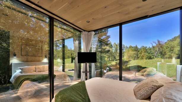 A modern bedroom with a large bed, a TV, and a view of a forested area through large windows.