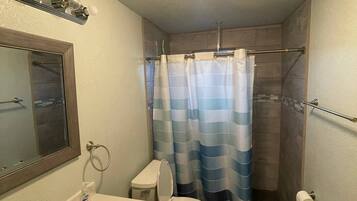 Hair dryer, towels, soap, shampoo