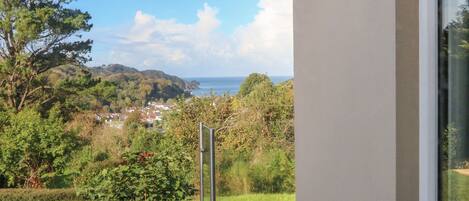 Un balcon doté d’une balustrade en métal, offrant une vue sur un paysage verdoyant luxuriant, la mer et une ville située au loin.