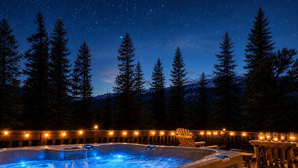 Un bain à remous entouré de chaises longues en bois et illuminé de guirlandes lumineuses, le tout se dressant sur fond de grands arbres et d’un ciel nocturne étoilé.