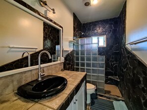 Shower, towels, toilet paper