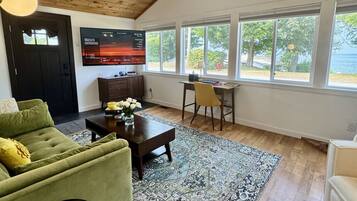 Smart TV, chimenea, libros y estéreo