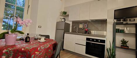 Réfrigérateur, un four, surface de cuisson, bouilloire électrique