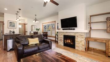 Smart TV, fireplace, books, stereo