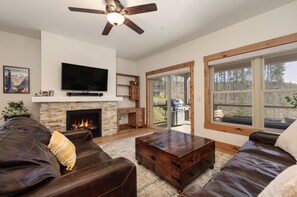 Smart TV, fireplace, books, stereo