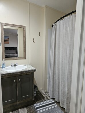 Hair dryer, towels, soap, shampoo