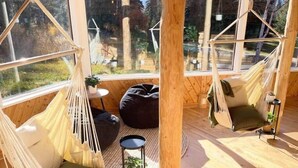 A room with large windows, wooden floors, and two hammocks. - Family Cabin + Games Barn | Hot Tub | Theatre (Columbia-Shuswap)
