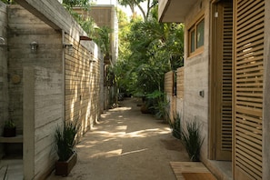 A narrow, sunlit corridor with concrete walls and wooden shutters, flanked by potted plants and leading to a building entrance.