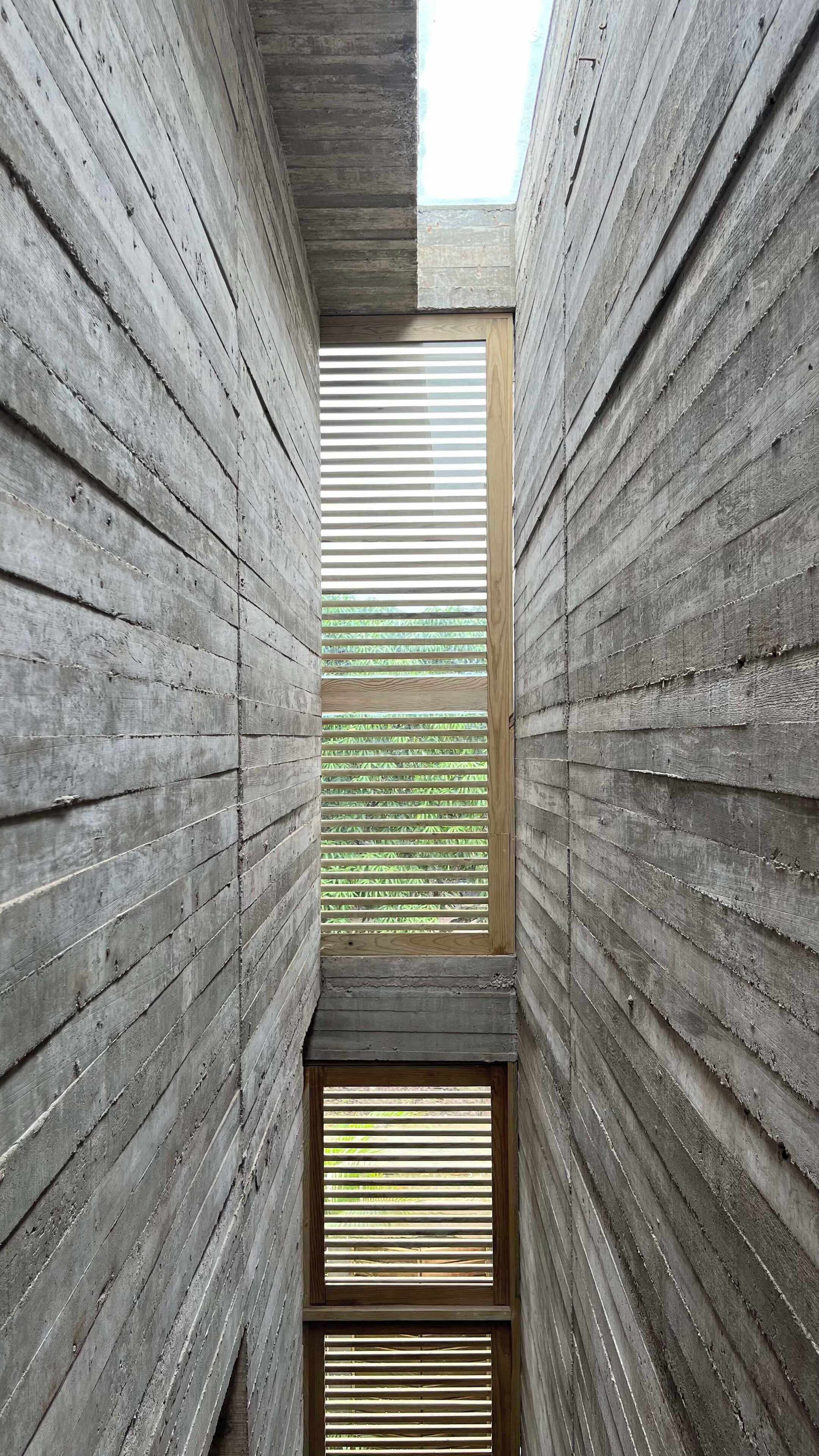 Ein schmaler, hölzerner Innenflur mit Oberlicht und einem Fenster, der in einen grünen Außenbereich führt.