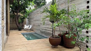 A wooden deck with a small pool, potted plants, and a seating area. - Casa Macu - Surf Oasis: Full House w/ Pools Steps From Waves (Playa La Saladita)