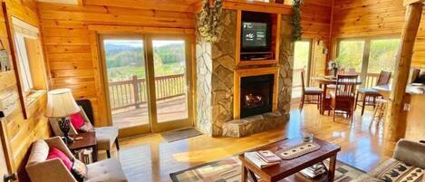 Smart TV, fireplace, video games, DVD player