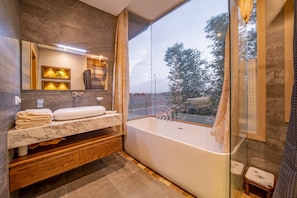 Jetted tub, hair dryer, bidet, towels