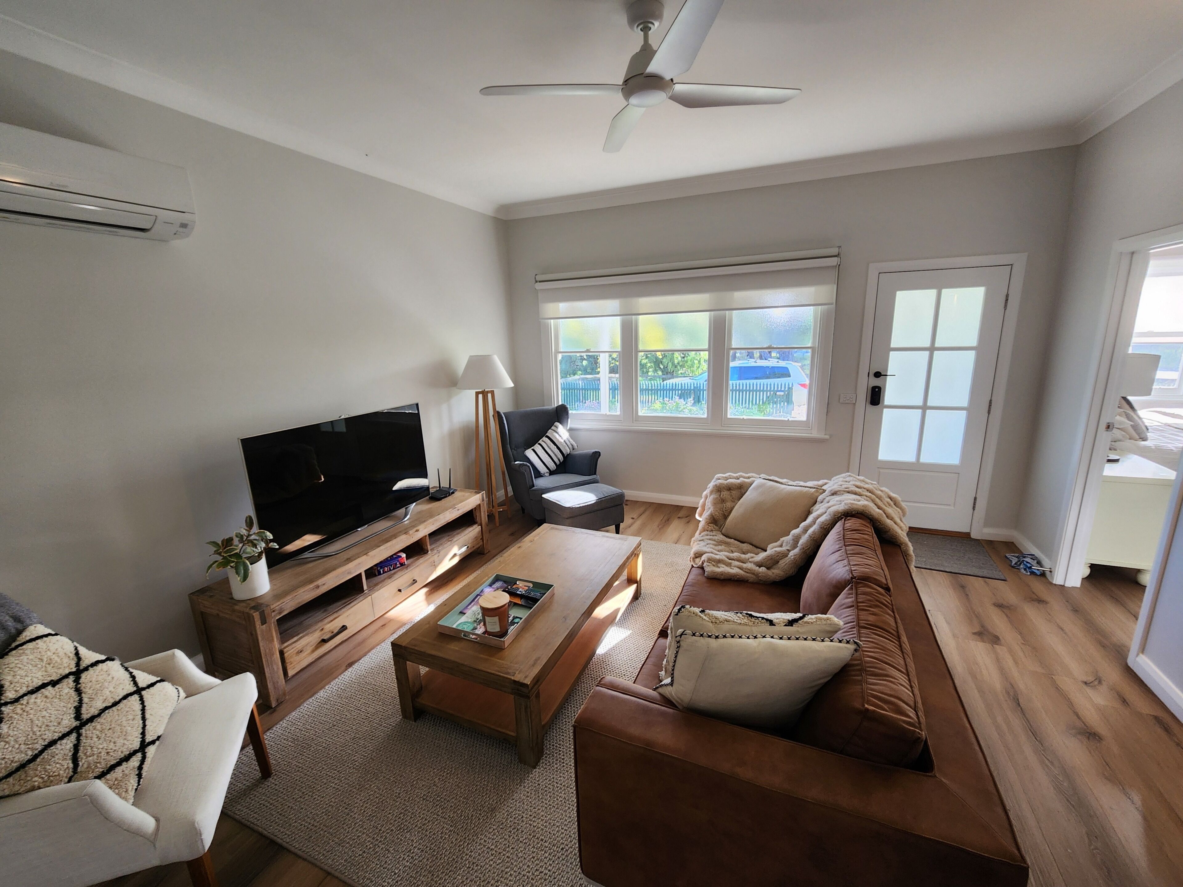 Smart TV, fireplace, books