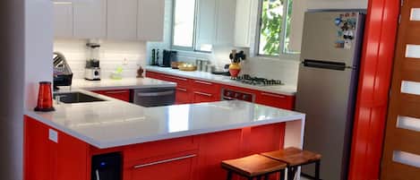 Fridge, microwave, oven, stovetop