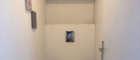 Hair dryer, towels, soap, shampoo