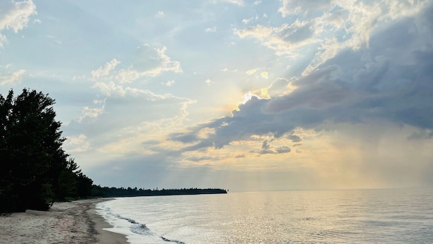 A beach with a sandy shore and trees on the left.