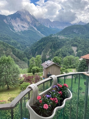 Un balcon donnant sur un paysage montagneux, un petit bâtiment et un jardin fleuri.