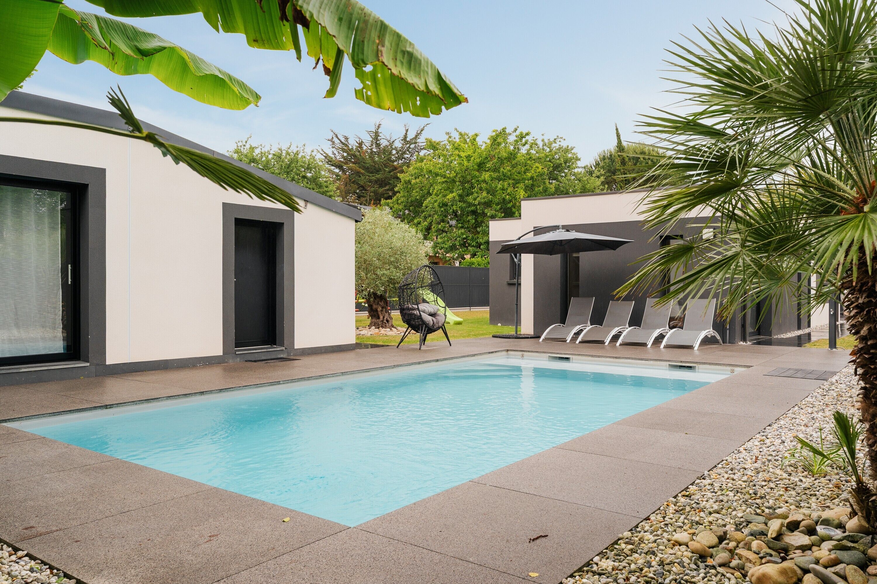 Ein Pool mit Liegestühlen, ein modernes Gebäude mit großen Fenstern und eine Palme.