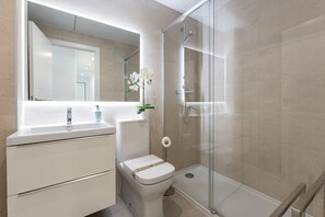 Shower, hair dryer, towels