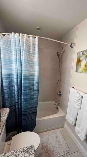 Hair dryer, towels, soap, shampoo
