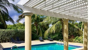 Un área de piscina con sillas de descanso, palmeras y una estructura tipo pérgola.