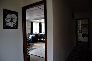 Smart TV, fireplace, books
