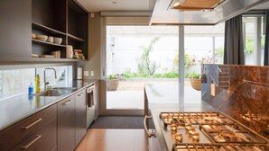 A modern kitchen with a gas stove, stainless steel appliances, and a view of the outdoor garden. - Luxury House (Vancouver)