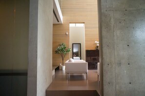 A modern interior with a white sofa, a potted plant, and a fireplace.