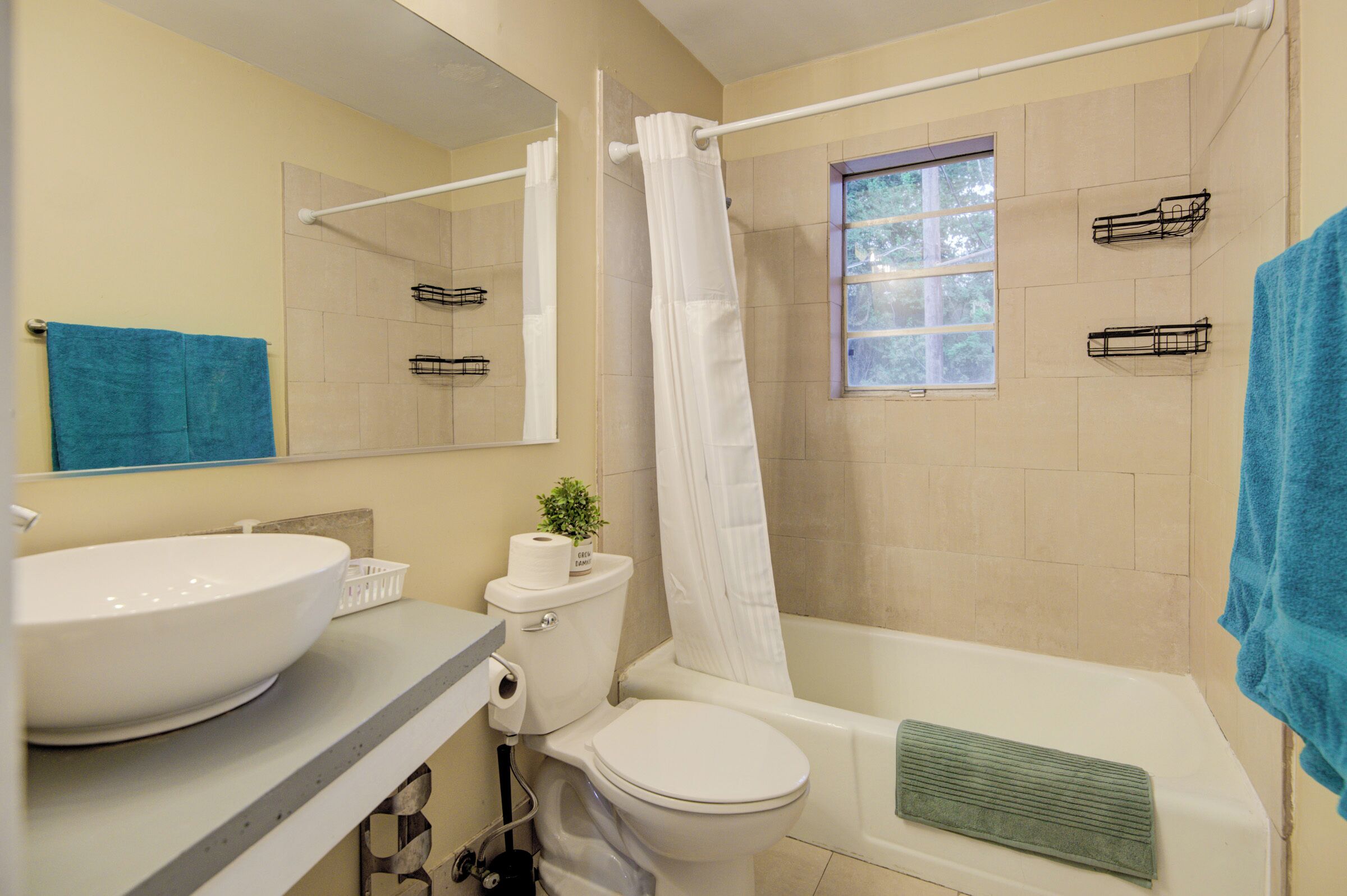 Hair dryer, towels, soap, shampoo