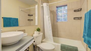 Hair dryer, towels, soap, shampoo