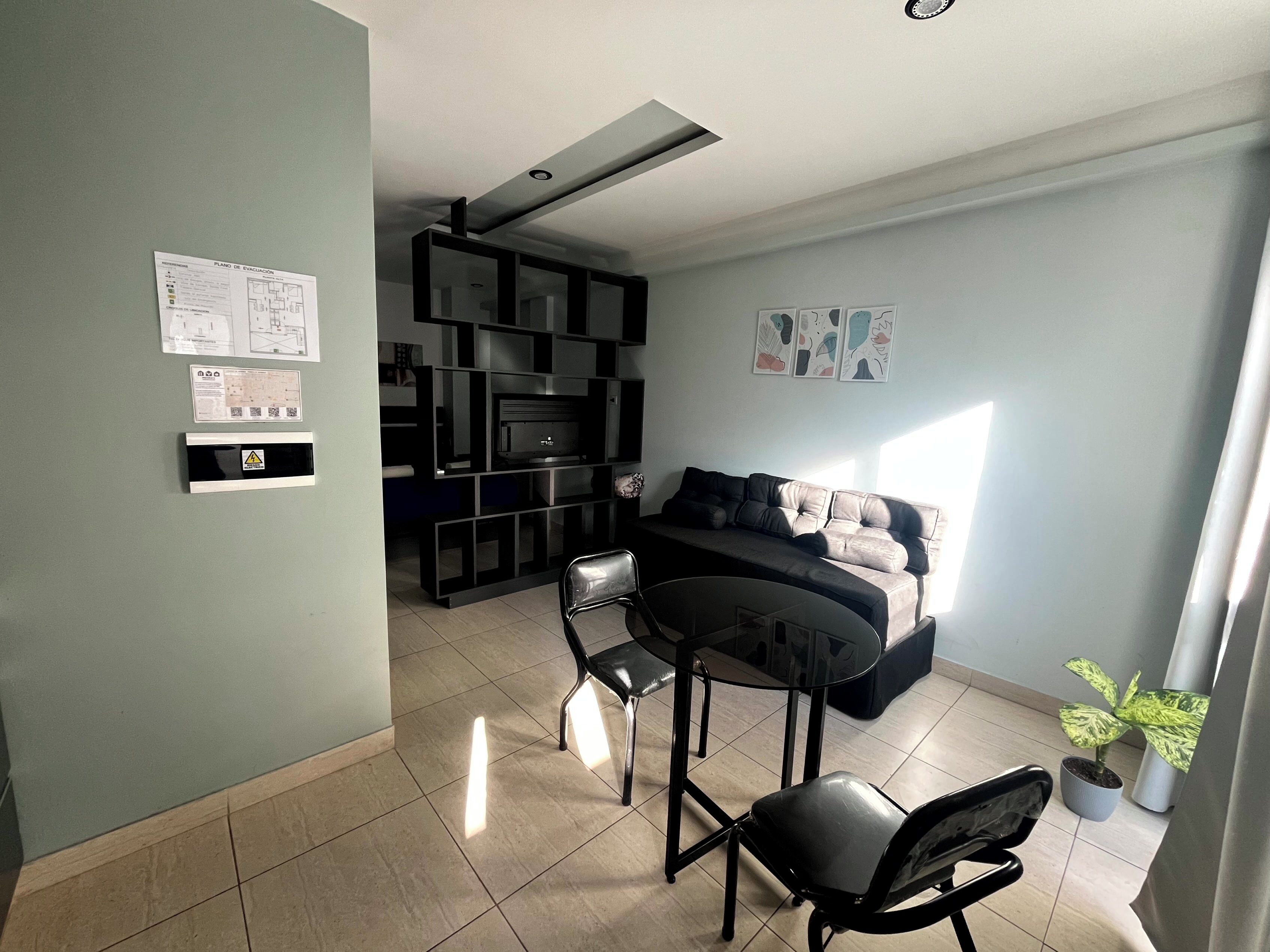 A compact living space with a kitchenette, a sofa, a dining table with chairs, and a small potted plant.