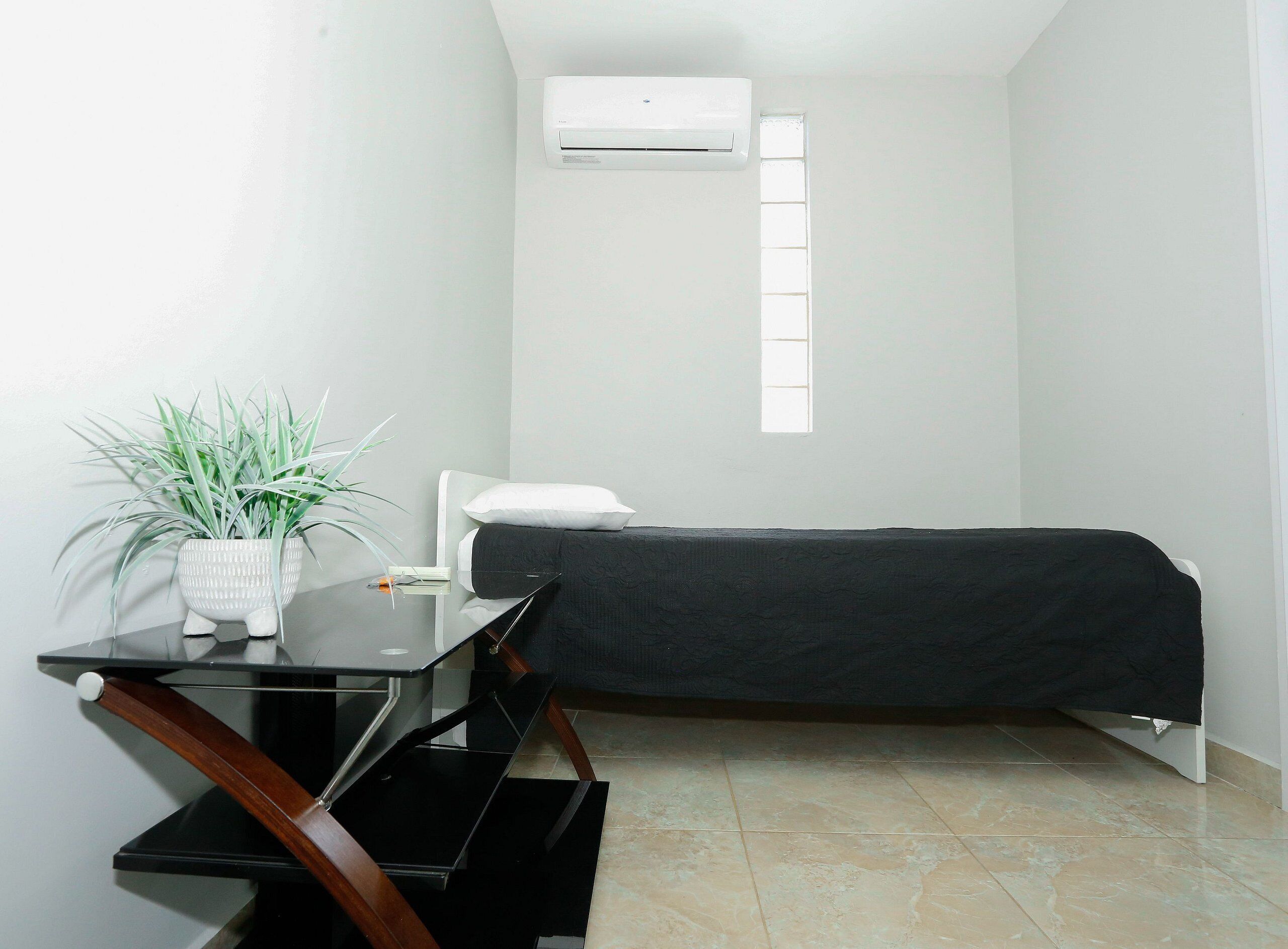 Una habitación pequeña y limpia con cama, un escritorio con una planta y aire acondicionado en la pared.