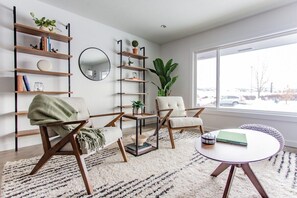 TV, fireplace, books