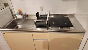 Apartment | Private kitchen | Full-size fridge, cookware/dishes/utensils - Kanazawaya Showamachi (Kanazawa)
