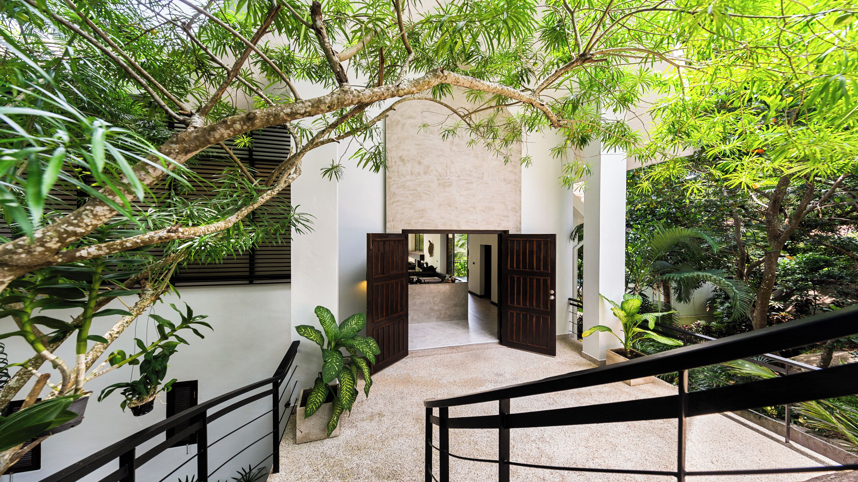 A staircase leading to a room with a view of a garden, a door, and a wall with a textured surface.