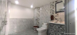 Bathroom features a shower area with a glass door, a sink with a faucet and soap dispenser, and a toilet.