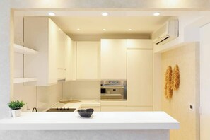 Fridge, stovetop, dishwasher, coffee/tea maker