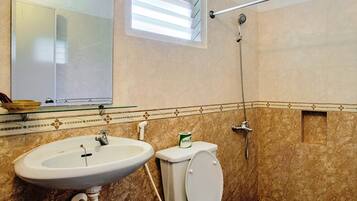 Une salle de bain avec un lavabo, des toilettes et une douche.