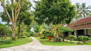 A pathway leading to a building with a tiled roof, surrounded by lush greenery and palm trees. - Margo Utomo Eco Resort (Kalibaru)