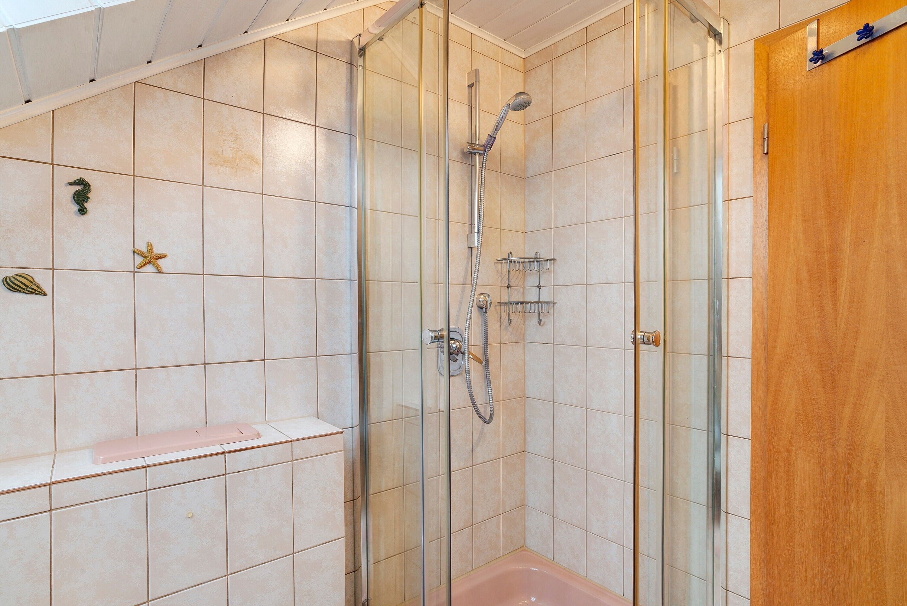 A shower with a glass door, a handheld showerhead, and a wall-mounted shelf.