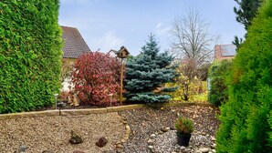 Un jardín con un comedero para pájaros, un árbol pequeño y un jardín de rocas.