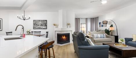 Smart TV, fireplace, books, music library